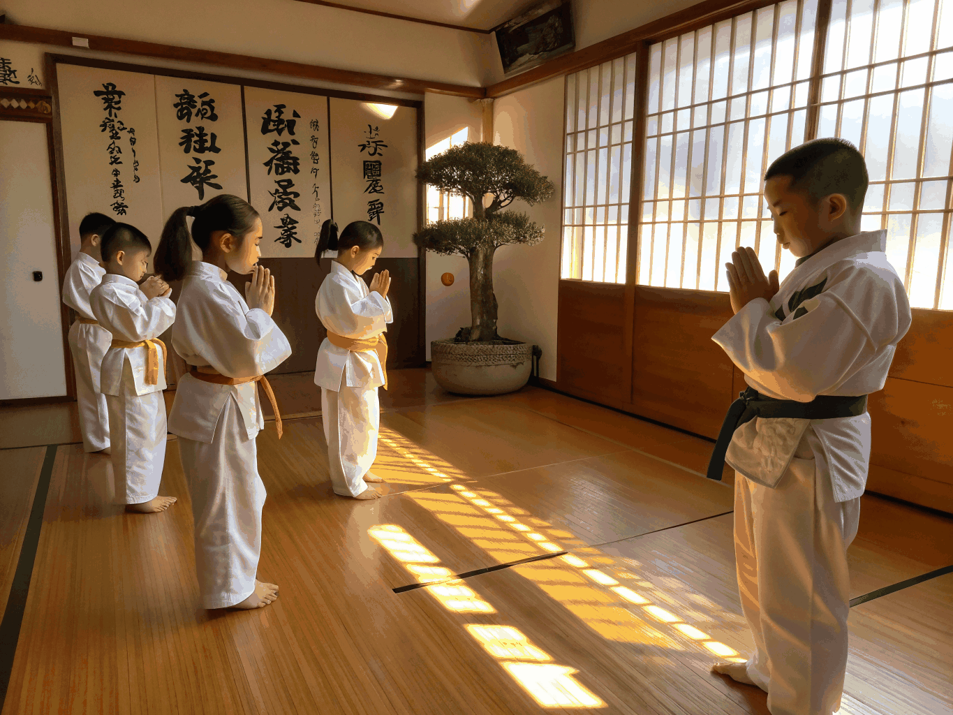 Children in martial arts gear practicing forms