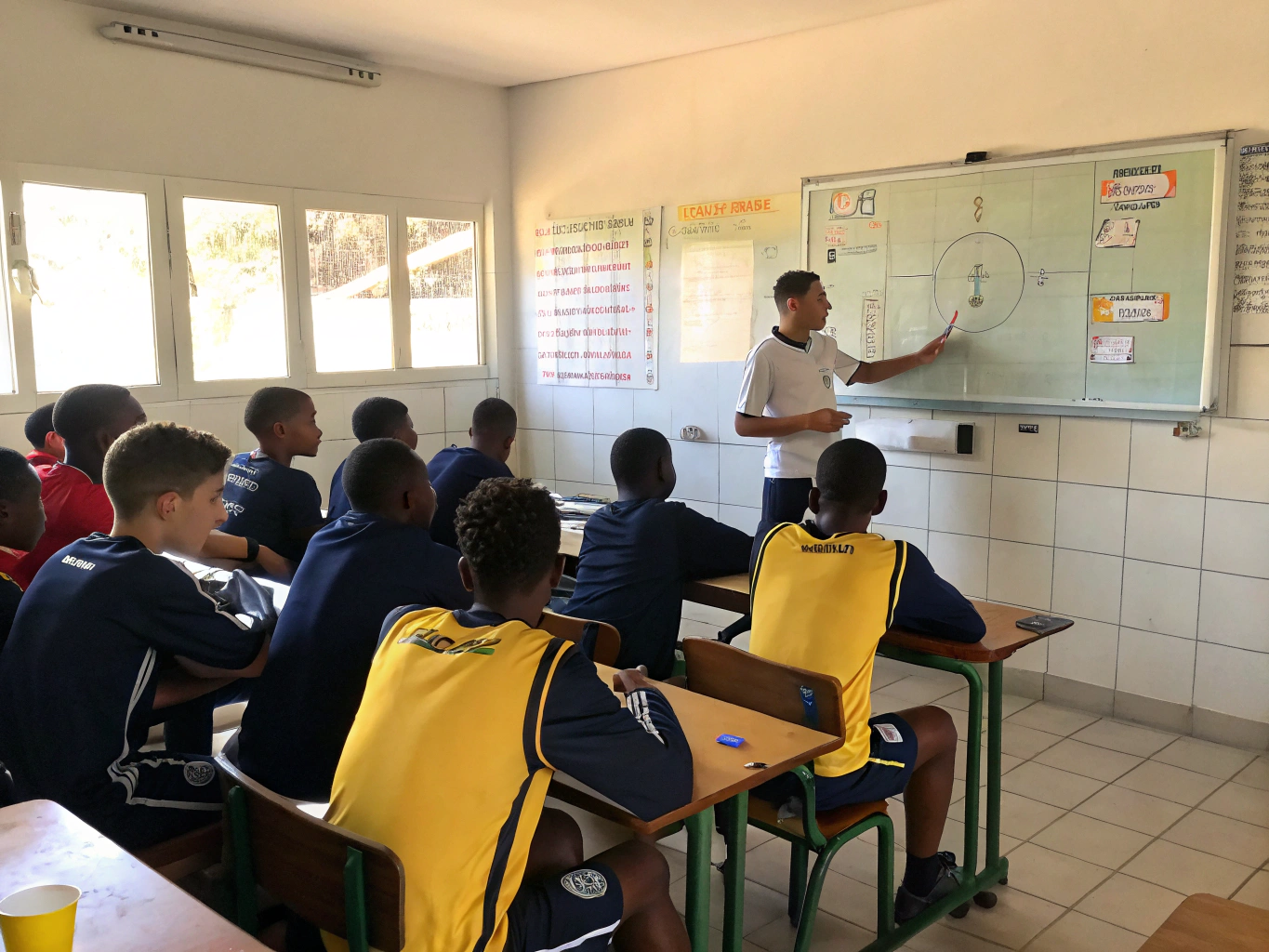 Athletes working together on team strategy
